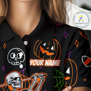 Personalized Funny Halloween Pattern Skull Golf Polo Shirts For Women, Halloween Ladies Golf Gifts NQS10836