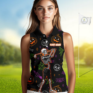 Personalized Funny Halloween Pattern Skull Sleeveless Golf Polo Shirts, Halloween Ladies Golf Gifts NQS10836
