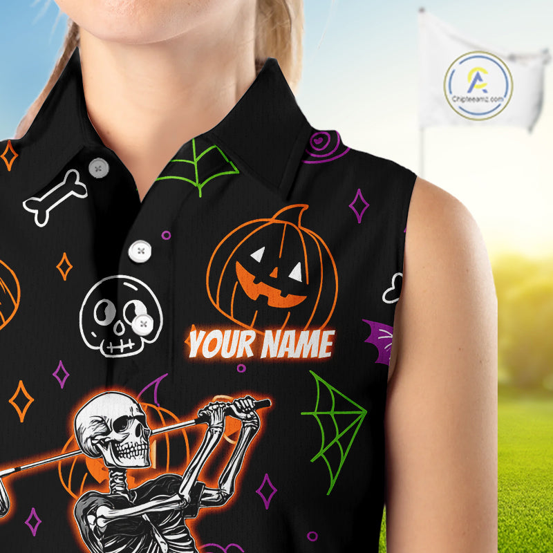 Personalized Funny Halloween Pattern Skull Sleeveless Golf Polo Shirts, Halloween Ladies Golf Gifts NQS10836
