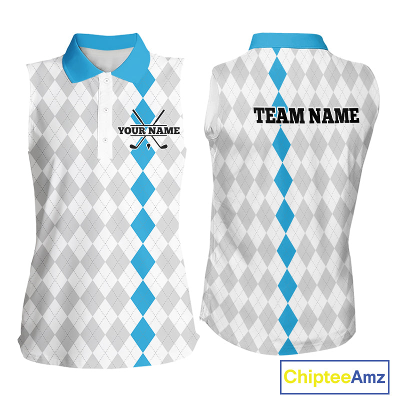 Custom Blue and White argyle pattern Sleeveless Golf Polo Shirt, personalized team ladies golf outfit NQS11210