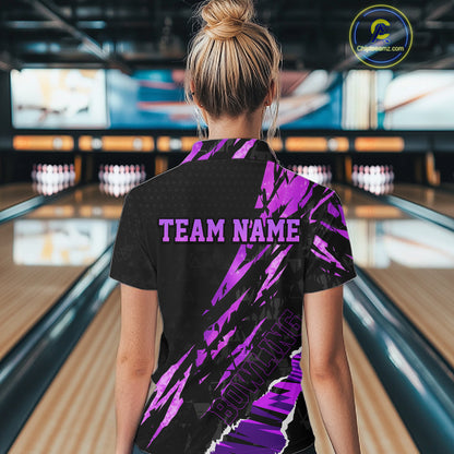 Black and Purple camo Bowling Polo shirts, 1/4 zip shirt for Women custom Bowling Team League Jerseys NQS11420