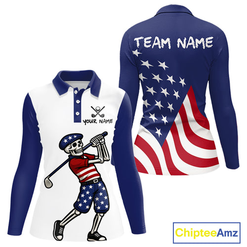 Red, White and Blue American Flag Skull Golf polo shirts for Women custom patriotic ladies golf top NQS10851