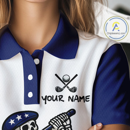 Red, White and Blue American Flag Skull Golf polo shirts for Women custom patriotic ladies golf top NQS10851