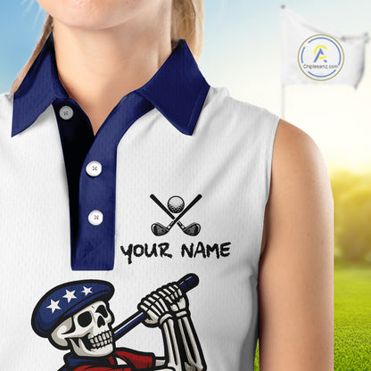 Red, White and Blue American Flag Skull Sleeveless Golf polo shirt custom patriotic ladies golf top NQS10851