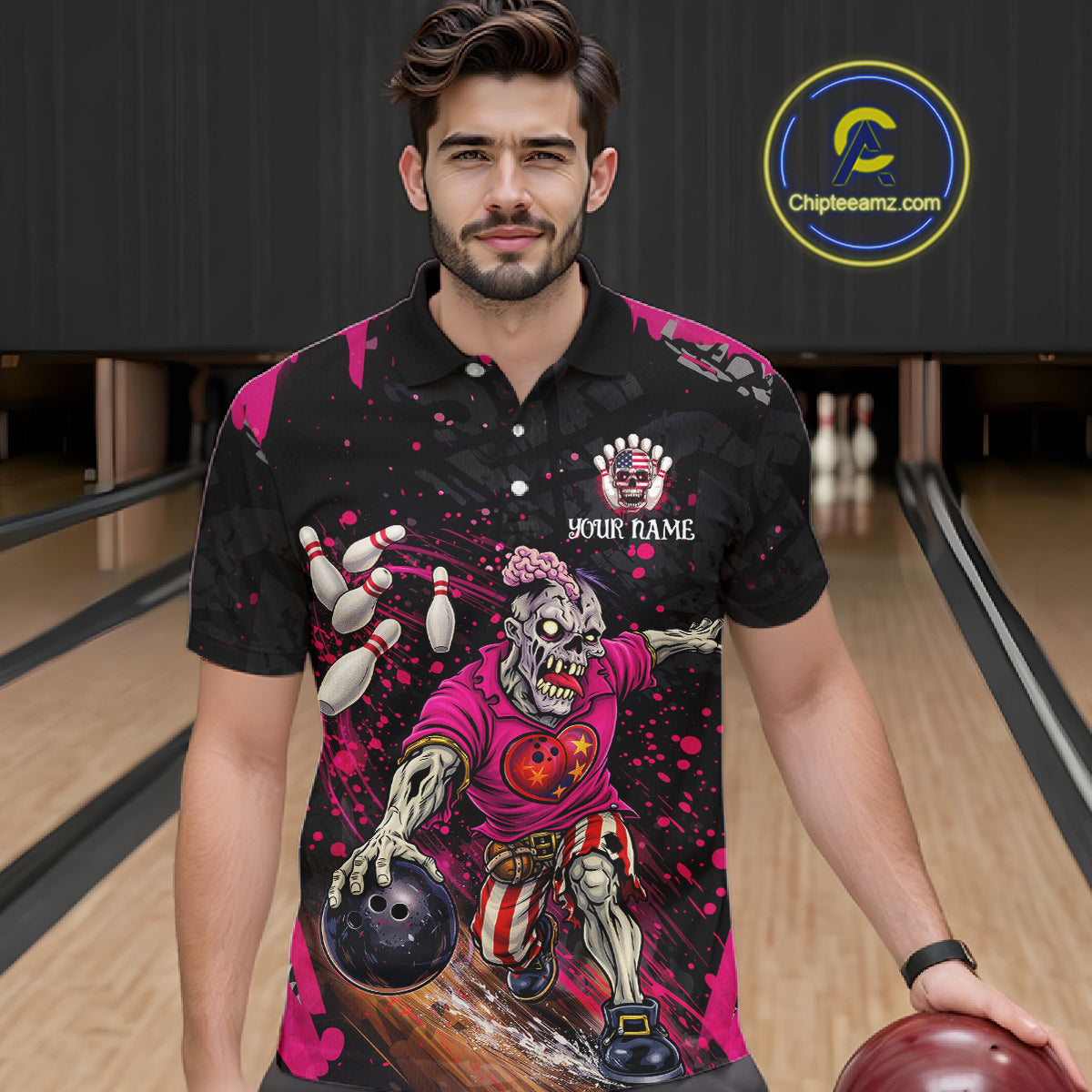 Black and Pink Funny zombie Bowling Shirts For Men Custom Mens Bowling team league jerseys NQS11442