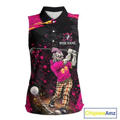Black and Pink Funny zombie women's sleeveless polo shirts  Custom sleeveless golf shirts for women NQS11443