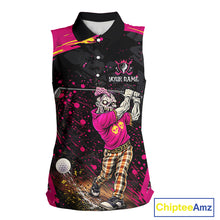 Load image into Gallery viewer, Black and Pink Funny zombie women's sleeveless polo shirts  Custom sleeveless golf shirts for women NQS11443