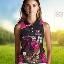 Load image into Gallery viewer, Black and Pink Funny zombie women's sleeveless polo shirts  Custom sleeveless golf shirts for women NQS11443
