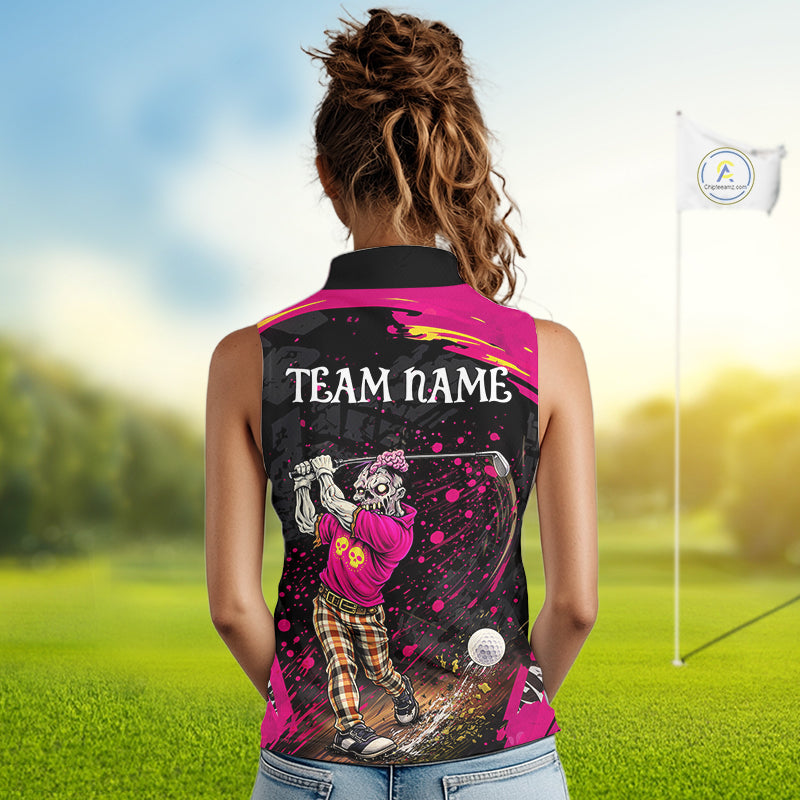 Black and Pink Funny zombie women's sleeveless polo shirts  Custom sleeveless golf shirts for women NQS11443