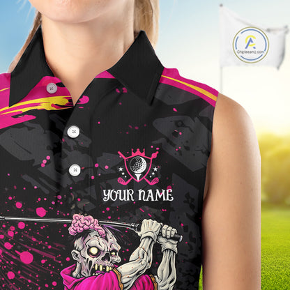 Black and Pink Funny zombie women's sleeveless polo shirts  Custom sleeveless golf shirts for women NQS11443