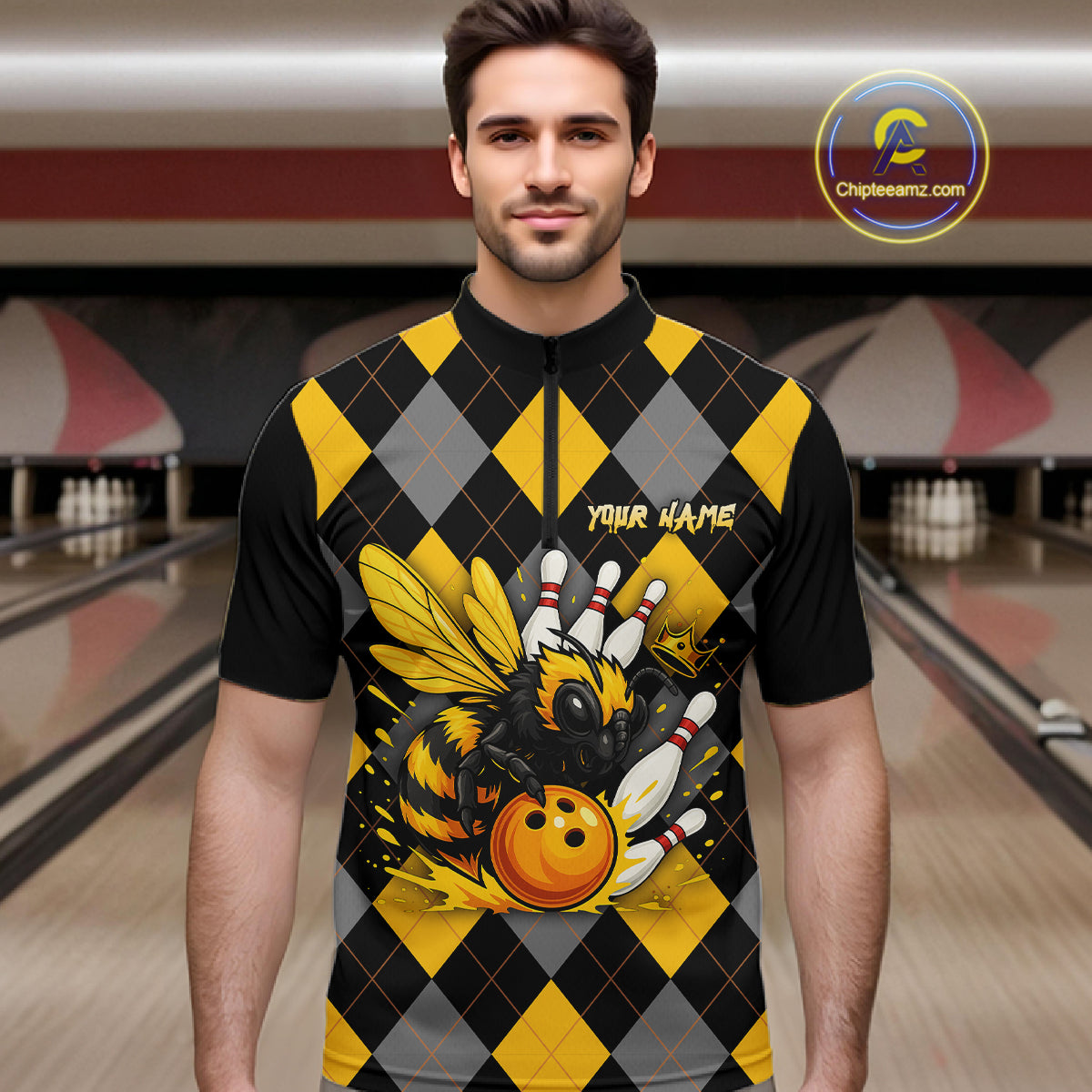 Black and Yellow argyle pattern Honey Bee Bowling shirts for Men Custom Team bowling jerseys NQS11250