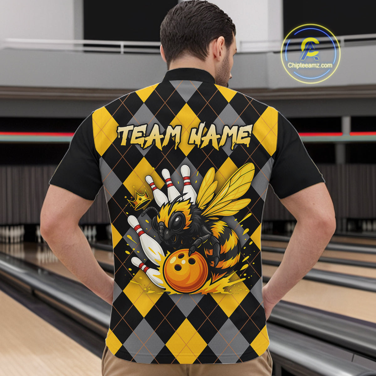 Black and Yellow argyle pattern Honey Bee Bowling shirts for Men Custom Team bowling jerseys NQS11250