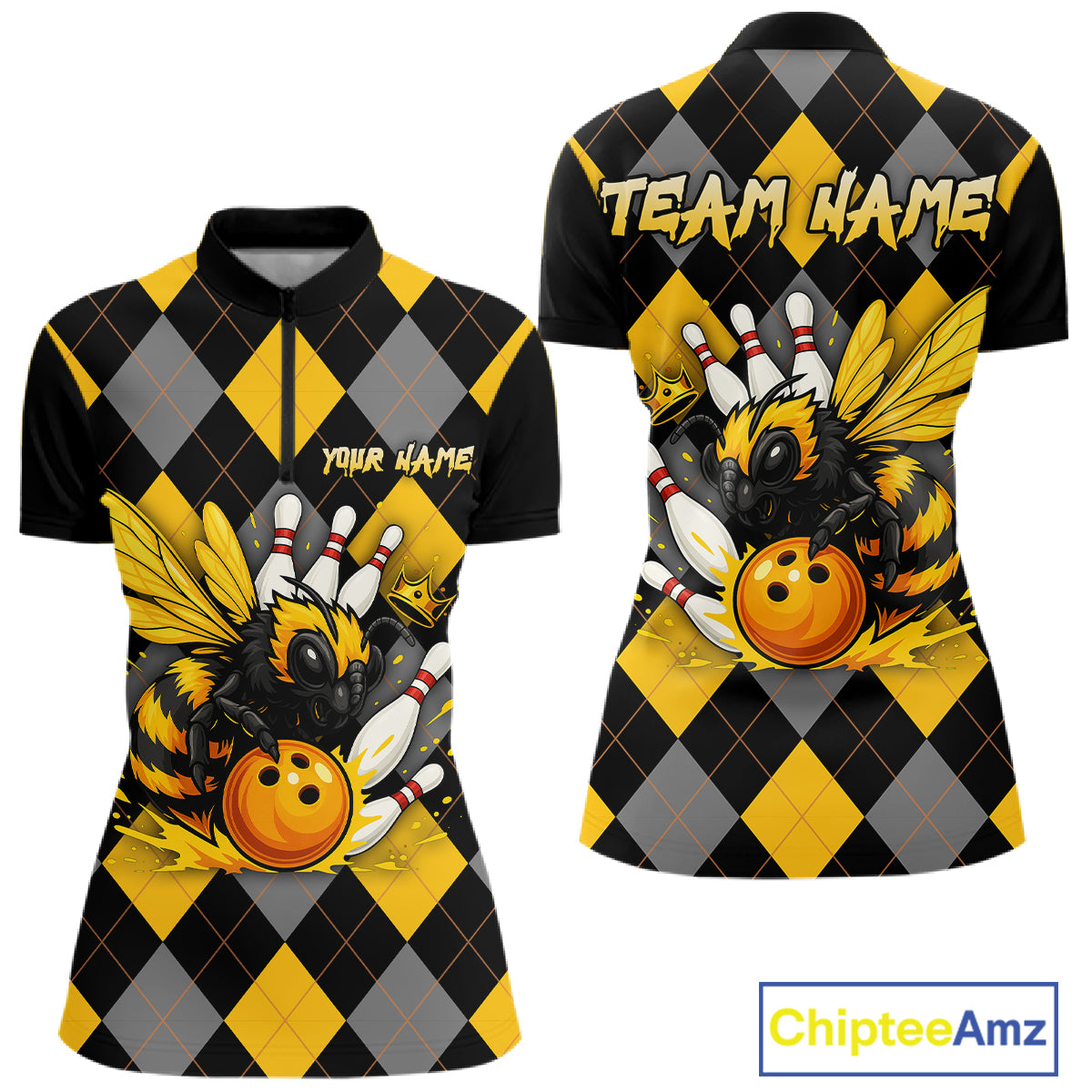 Black and Yellow argyle pattern Honey Bee Bowling shirts for Women Custom Team bowling jerseys NQS11250