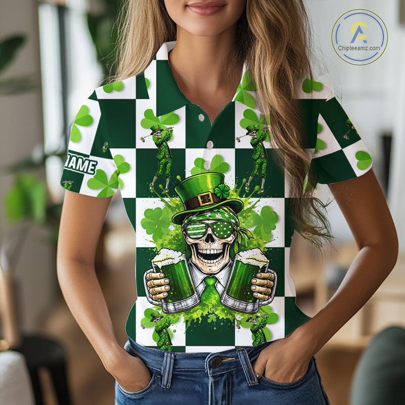 Funny Skull drink beer Clover square pattern Women Golf Polo shirts Custom St Patrick's Day golf tops NQS11454