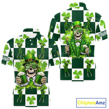 Load image into Gallery viewer, Funny Skull drink beer Clover square pattern Mens Golf Polo shirts Custom St Patrick's Day golf tops NQS11454