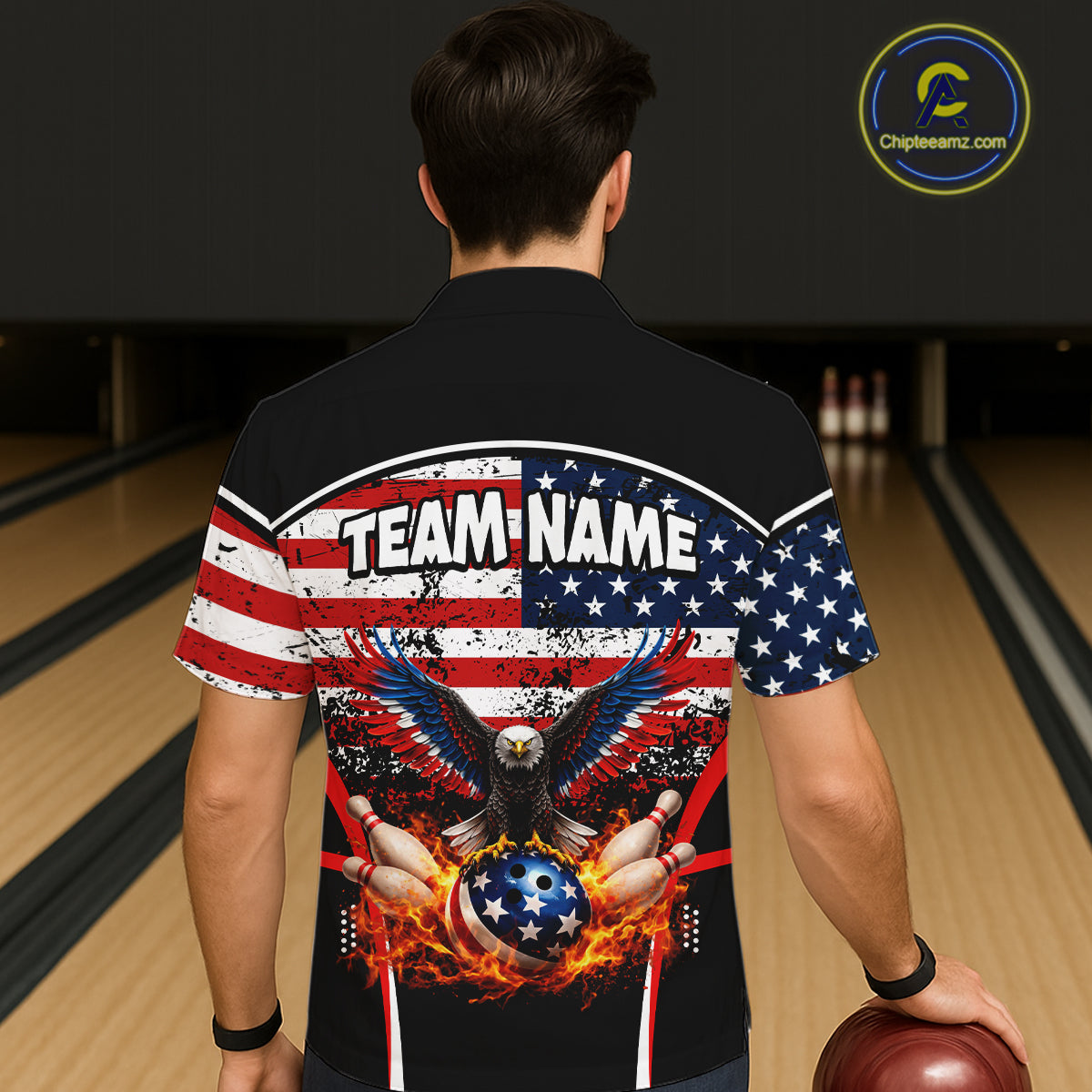 American Flag Eagle Flame Bowling Hawaiian Shirt Custom patriotic  Team Bowling Button-up Shirt NQS11735