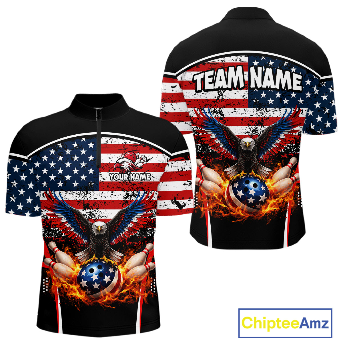 American Flag Eagle Flame Bowling Shirts For Men Custom patriotic Bowling Team Jerseys NQS11735