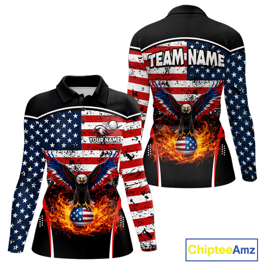 Red, White and Blue American Flag Eagle Flame Golf polo shirt for Women custom patriotic golf attire NQS11736