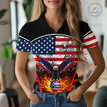 Load image into Gallery viewer, Red, White and Blue American Flag Eagle Flame Golf polo shirt for Women custom patriotic golf attire NQS11736