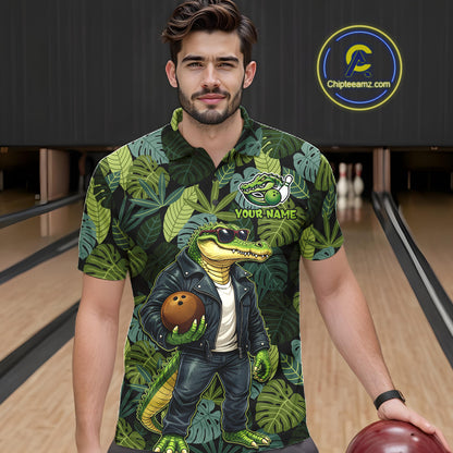 Green tropical leaf pattern Funny Alligator Bowling Shirts For Men Custom Bowling Team Jerseys NQS11744