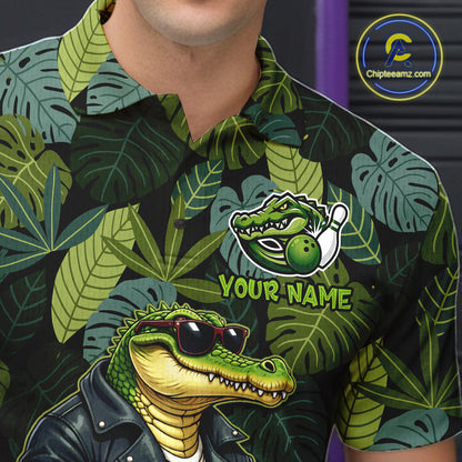 Green tropical leaf pattern Funny Alligator Bowling Shirts For Men Custom Bowling Team Jerseys NQS11744