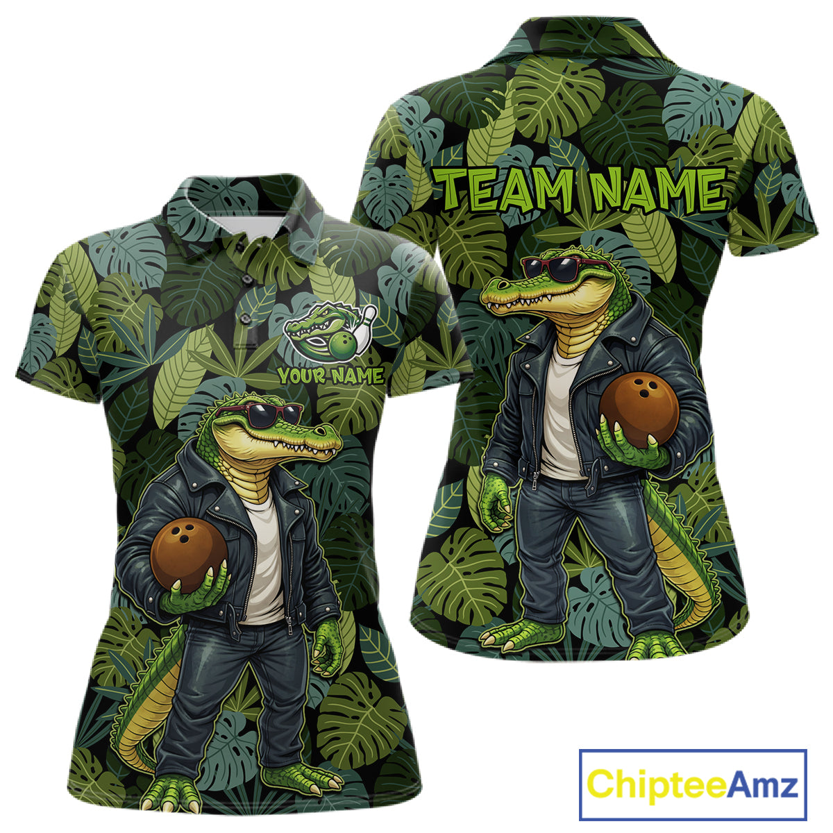 Green tropical leaf pattern Funny Alligator Bowling Shirts For Women Custom Bowling Team Jerseys NQS11744