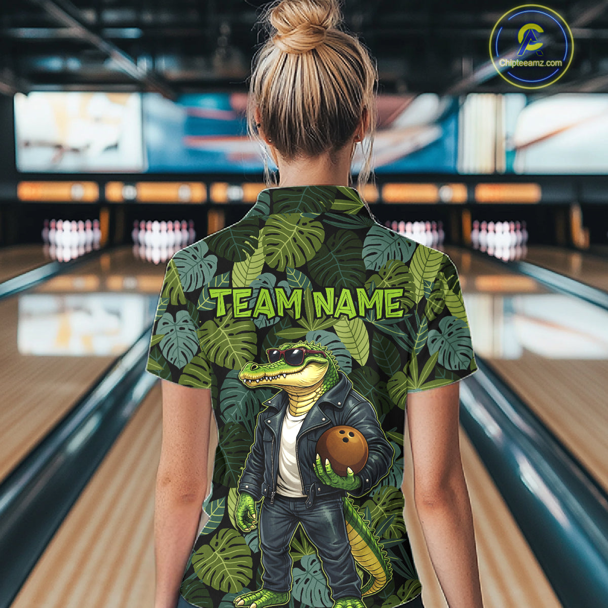 Green tropical leaf pattern Funny Alligator Bowling Shirts For Women Custom Bowling Team Jerseys NQS11744