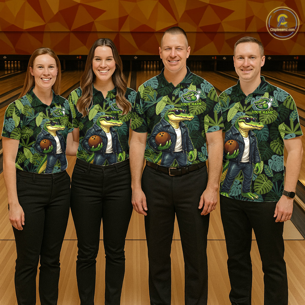 Green tropical leaf pattern Funny Alligator Bowling Shirts For Men Custom Bowling Team Jerseys NQS11744
