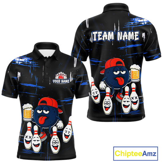 Custom Black And Blue Funny Beer Bowling Men Polo, Quarter Zip Shirts, funny bowling shirts NQS11488