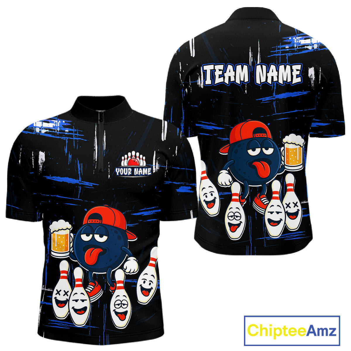 Custom Black And Blue Funny Beer Bowling Men Polo, Quarter Zip Shirts, funny bowling shirts NQS11488