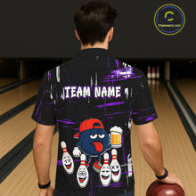 Load image into Gallery viewer, Custom Black And Purple Funny Beer Hawaiian bowling jersey, funny bowling shirts NQS11489