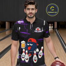 Load image into Gallery viewer, Custom Black And Purple Funny Beer Bowling Men Polo, Quarter Zip Shirts, funny bowling shirts NQS11489