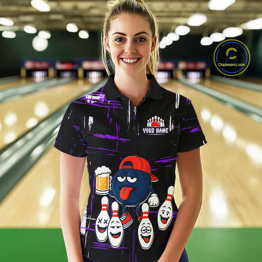 Custom Black And Purple Funny Beer Bowling Women Polo, Quarter Zip Shirts, funny bowling shirts NQS11489