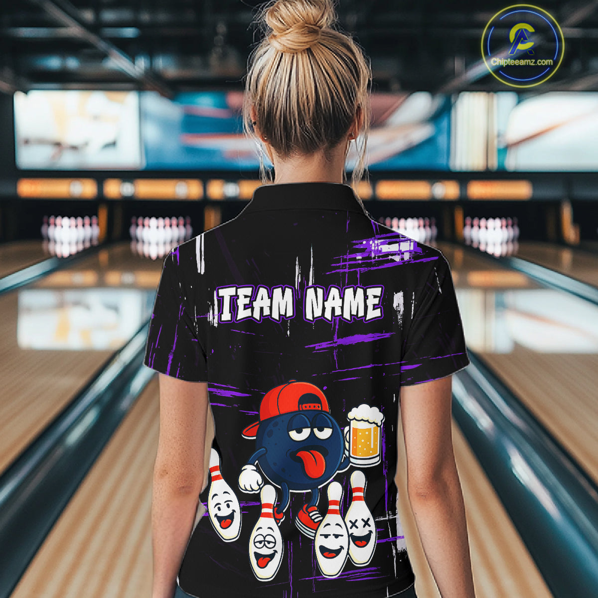 Custom Black And Purple Funny Beer Bowling Women Polo, Quarter Zip Shirts, funny bowling shirts NQS11489