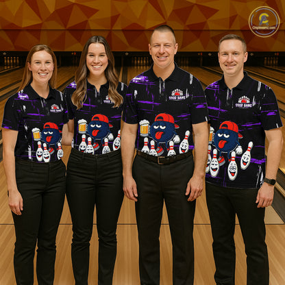 Custom Black And Purple Funny Beer Bowling Men Polo, Quarter Zip Shirts, funny bowling shirts NQS11489