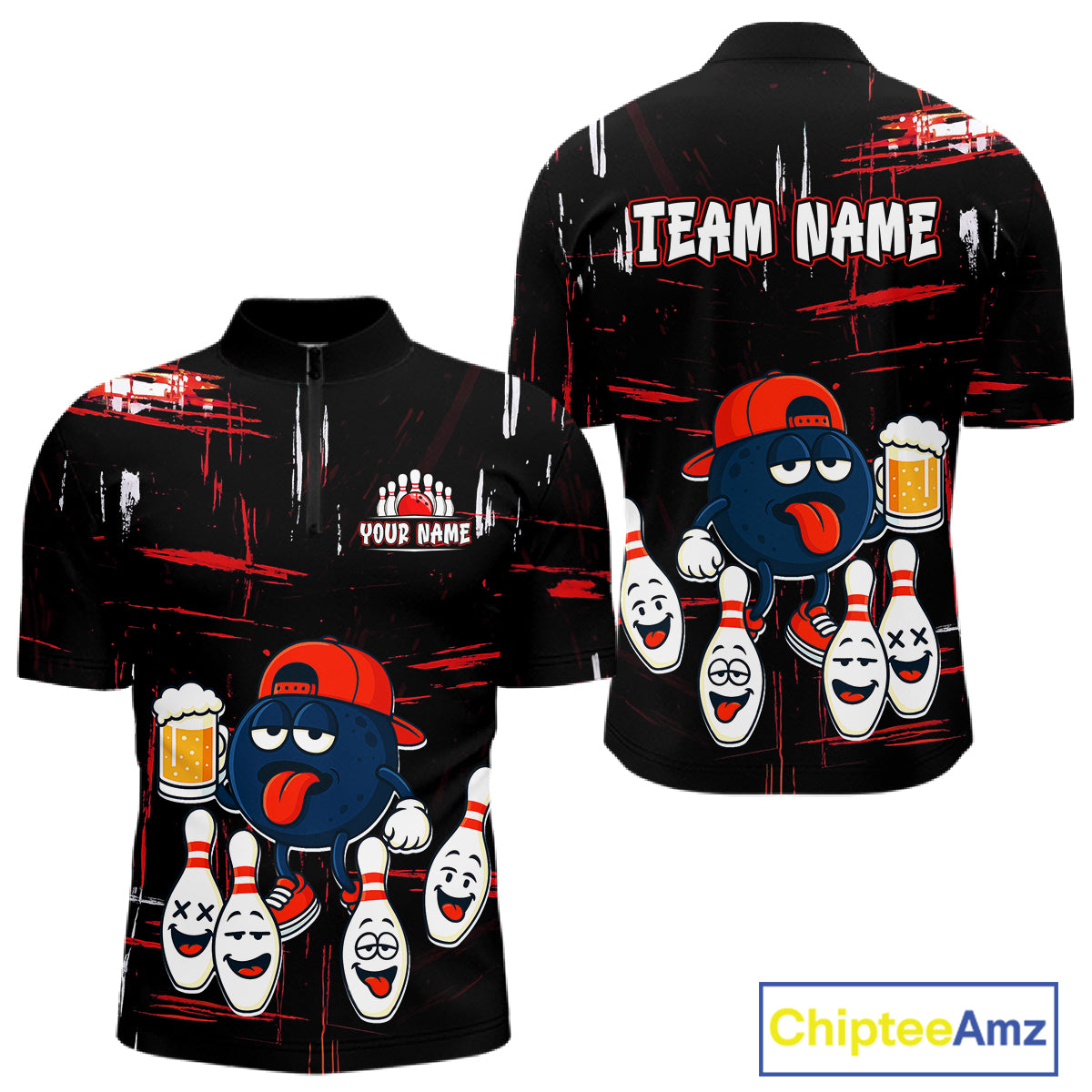 Custom Black And Red Funny Beer Bowling Men Polo, Quarter Zip Shirts, funny bowling shirts NQS11490