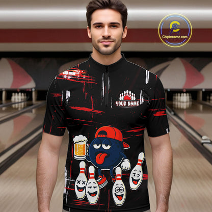 Custom Black And Red Funny Beer Bowling Men Polo, Quarter Zip Shirts, funny bowling shirts NQS11490