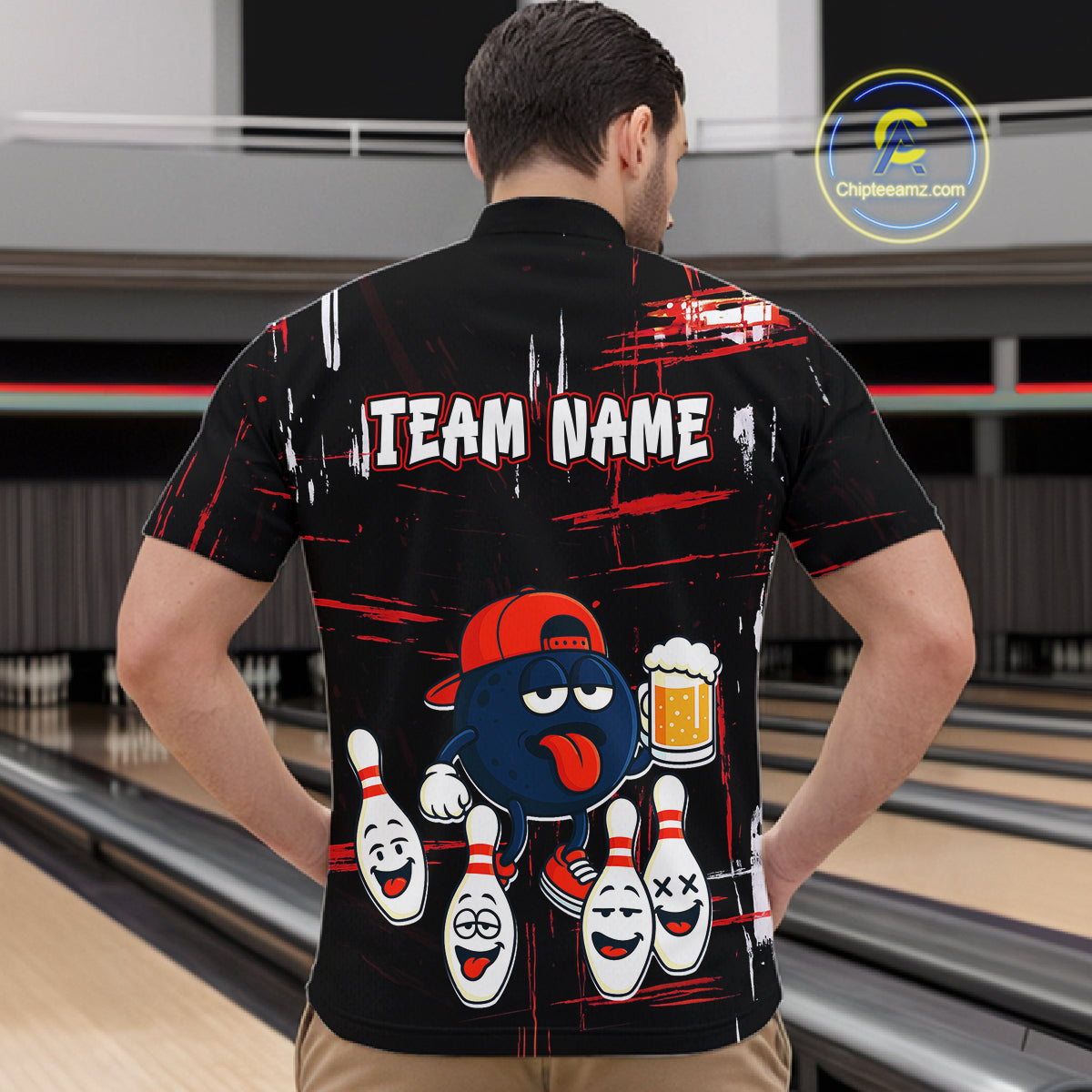 Custom Black And Red Funny Beer Bowling Men Polo, Quarter Zip Shirts, funny bowling shirts NQS11490