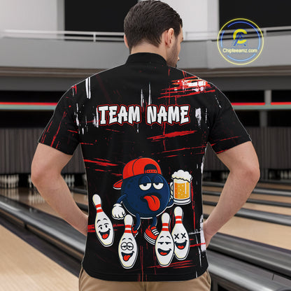 Custom Black And Red Funny Beer Bowling Men Polo, Quarter Zip Shirts, funny bowling shirts NQS11490