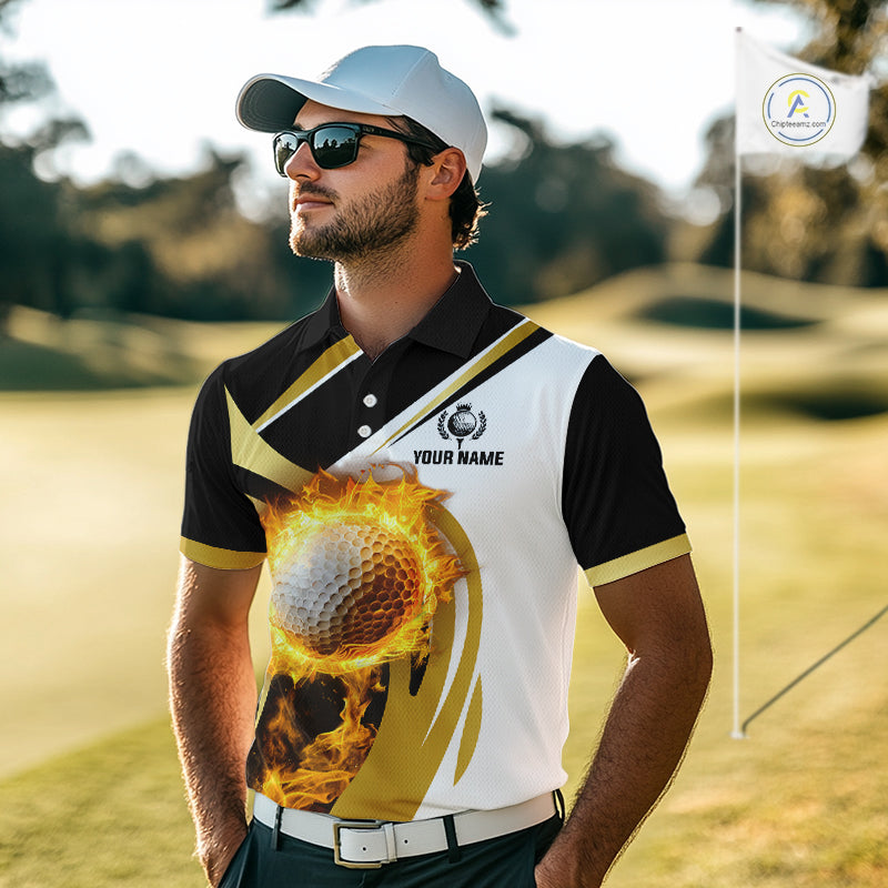 Black and White Gold Flame Golf Polo Shirts For Men custom team men golf attire, gift for golf lovers NQS10905