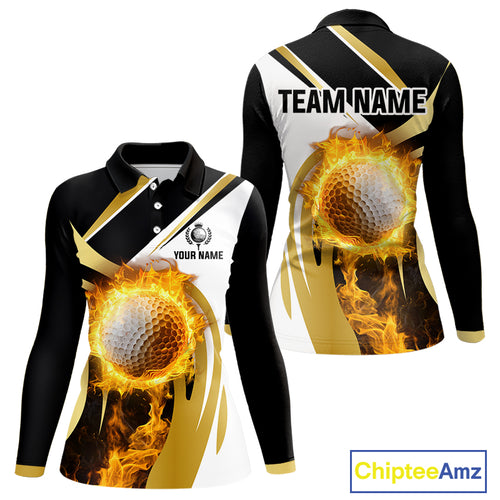 Black & White Gold Flame Women Golf Polo Shirts custom team ladies golf attire, gift for golf lovers NQS10905