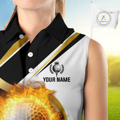 Black & White Gold Flame Women Sleeveless Polo Shirt custom team ladies golf attire, golf gifts NQS10905