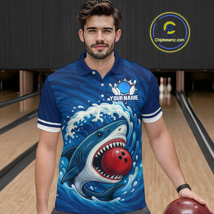 Custom Blue Shark Bowling Polo, Quarter Zip Shirts For Men, Shark Bowling Team League Shirt NQS10697