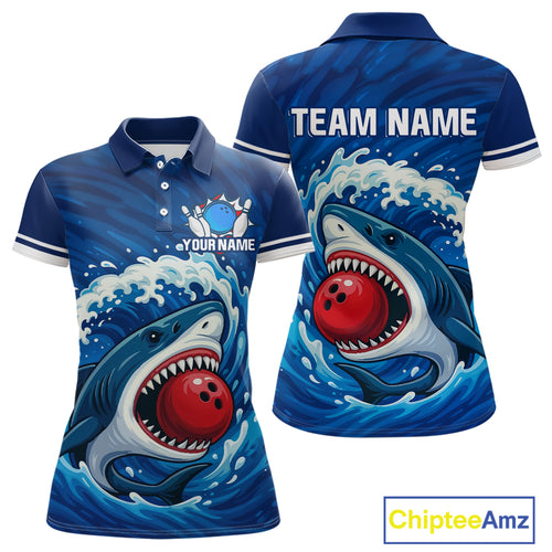 Custom Blue Shark Bowling Polo, Quarter Zip Shirts For Women, Shark Bowling Team League Shirt NQS10697