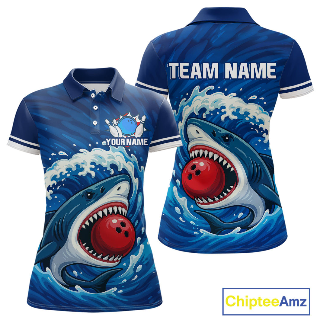 Custom Blue Shark Bowling Polo, Quarter Zip Shirts For Women, Shark Bowling Team League Shirt NQS10697