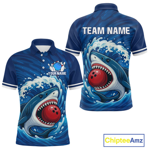 Custom Blue Shark Bowling Polo, Quarter Zip Shirts For Men, Shark Bowling Team League Shirt NQS10697