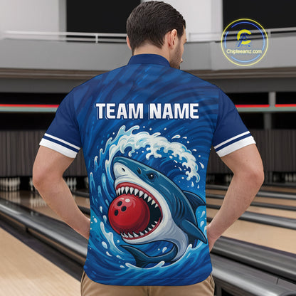 Custom Blue Shark Bowling Polo, Quarter Zip Shirts For Men, Shark Bowling Team League Shirt NQS10697