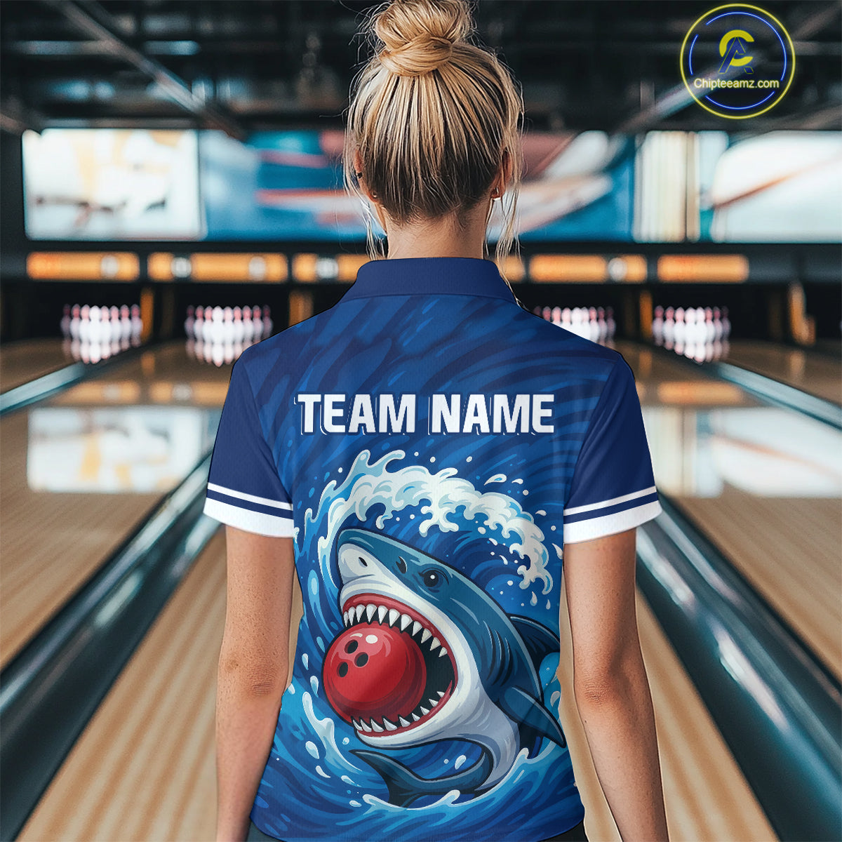 Custom Blue Shark Bowling Polo, Quarter Zip Shirts For Women, Shark Bowling Team League Shirt NQS10697