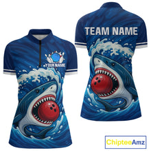 Load image into Gallery viewer, Custom Blue Shark Bowling Polo, Quarter Zip Shirts For Women, Shark Bowling Team League Shirt NQS10697