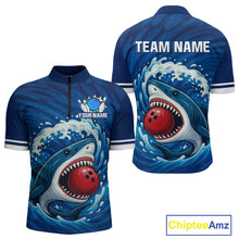 Load image into Gallery viewer, Custom Blue Shark Bowling Polo, Quarter Zip Shirts For Men, Shark Bowling Team League Shirt NQS10697